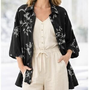 Avenue Embroidered Top Womens Size 18/20 Black Linen Blend Floral Button Shirt